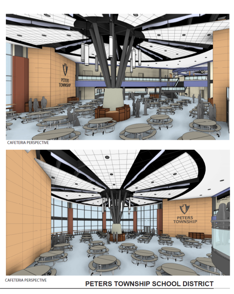 artists drawing of the new cafeteria with tables and windows