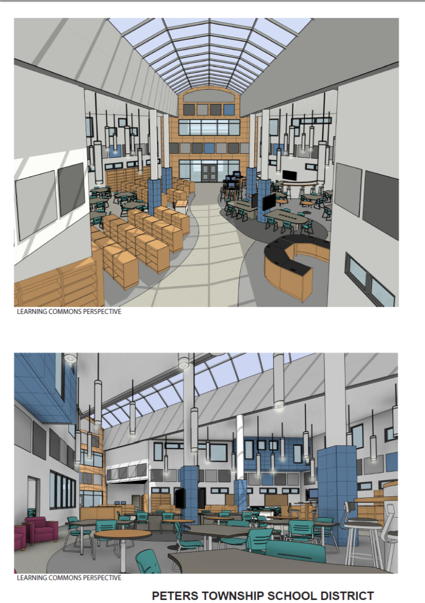 Rendering of the learning commons with book storage, seating and meeting rooms.