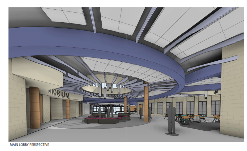 Rendering of the main lobby with curved ceiling fixtures and seating areas.