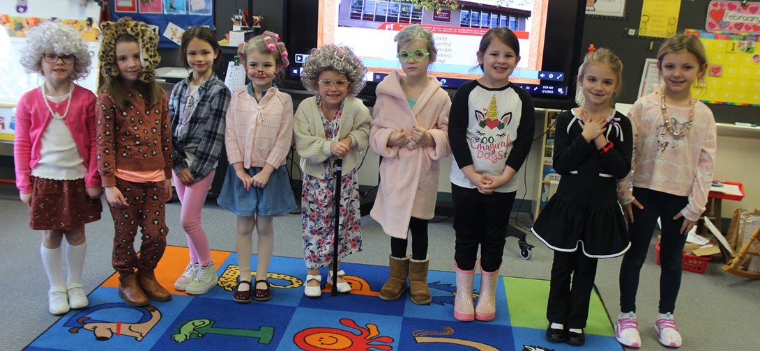 Students dresses as 100 year olds for school.