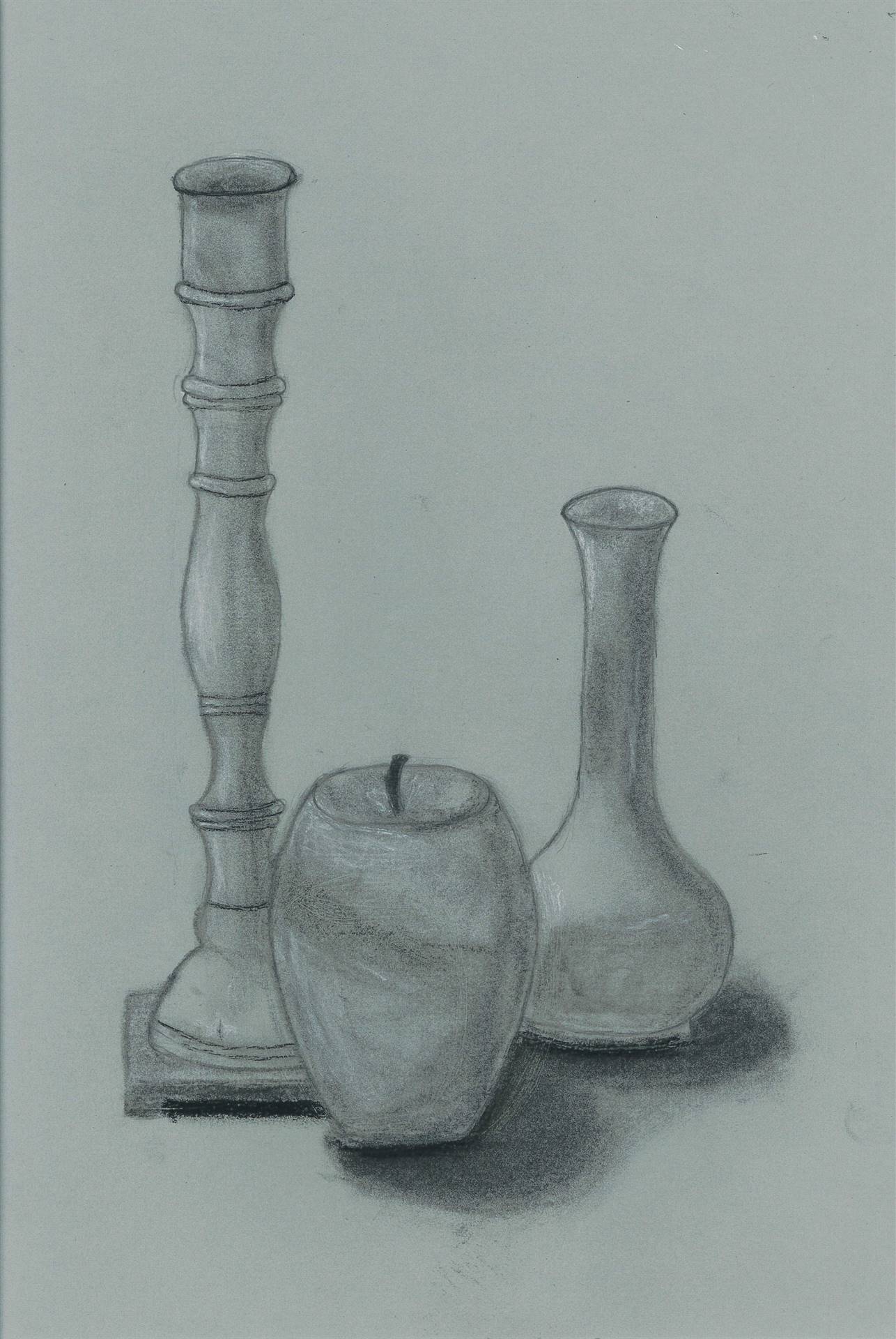charcoal art -apple, vase, candelabra