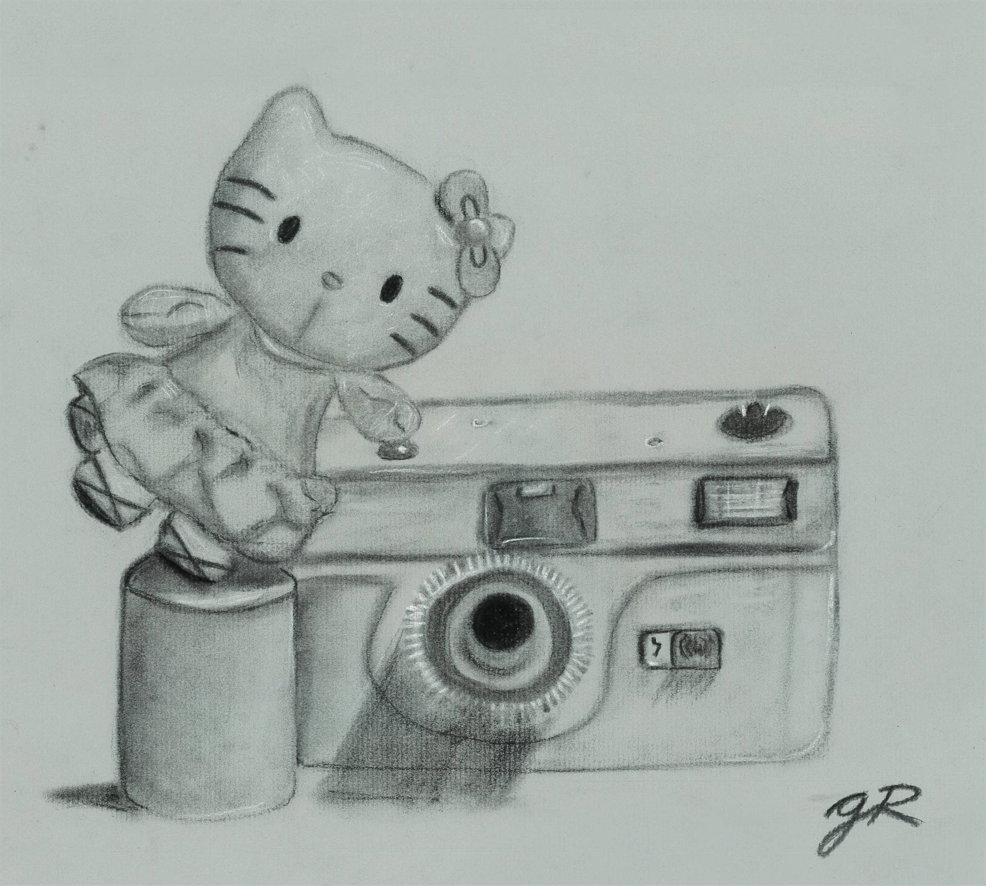 hello kitty and a camera charcoal drawing