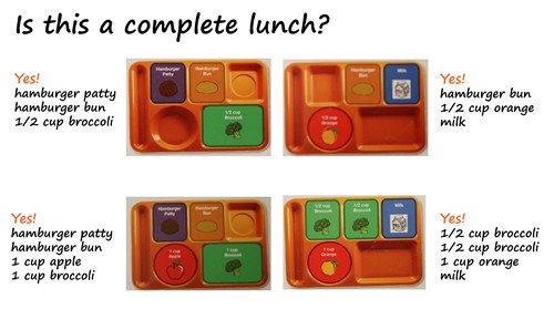 Sample lunches that are complete. They contain at least three components and at least ½ cup of fruit, juice or vegetable. 